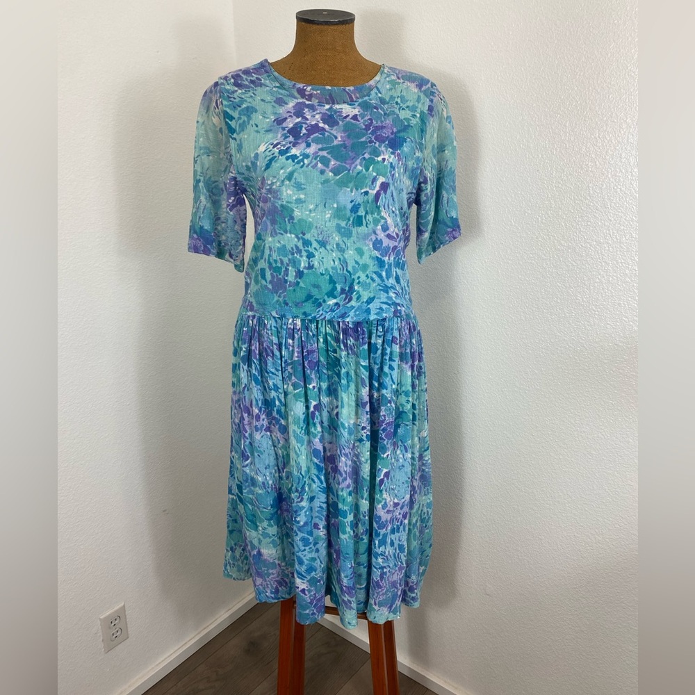 Vintage 80’s BILA Dress S Gauzy Rayon Tie Back Apron Cover Front Abstract Floral